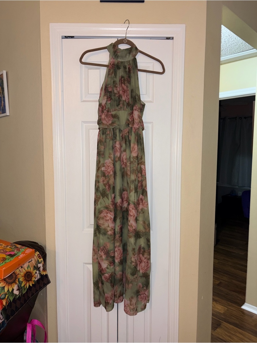 Floral Halter Maxi Dress in Olive and Rose